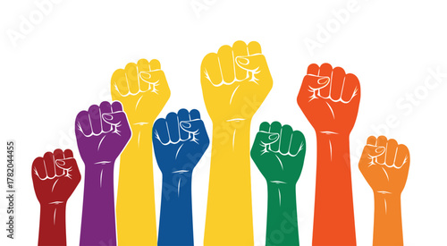 Vibrant Raised Fists Symbolizing Unity, Diversity, and Collective Power for Social Justice and Equality