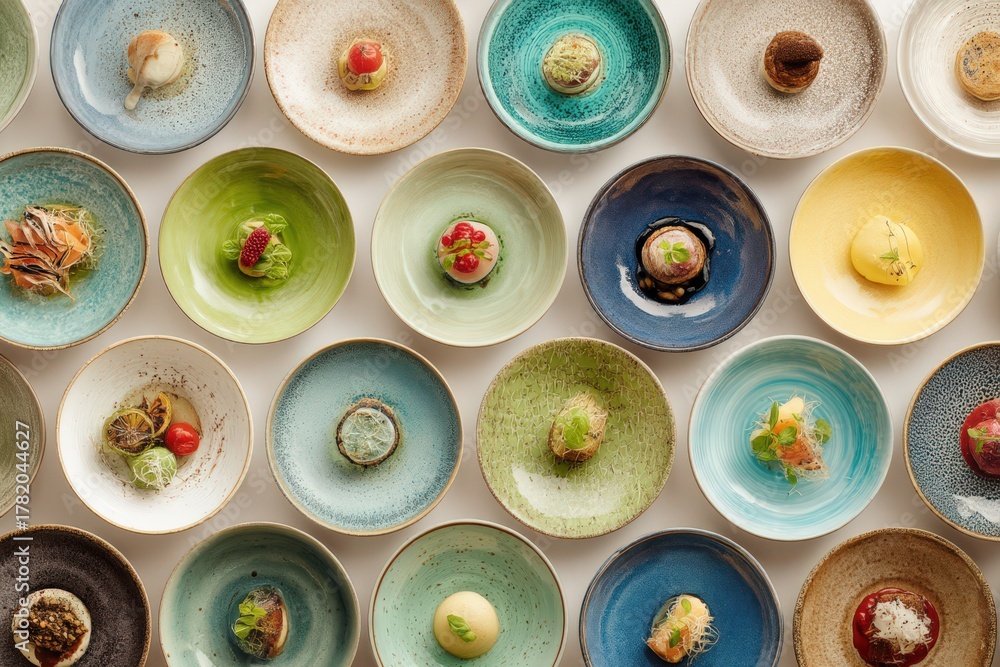 Fototapeta premium Exquisite culinary artistry displayed across a collection of meticulously arranged plates featuring diverse flavors and textures showcasing gourmet presentation and innovation