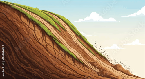 Soil Erosion Illustration: Grassy Hillside Cross-Section with Exposed Earth Layers, Visible Roots, and Falling Debris Under a Clear Sky, Environmental Degradation Concept