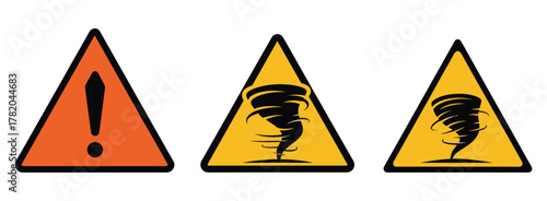 Set of Warning Signs: General Hazard Alert and Tornado Risk Symbols for Natural Disaster Preparedness and Safety