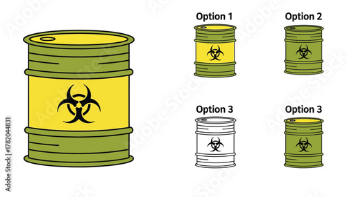 Set of Biohazard Waste Drums with Warning Symbols. Industrial Hazardous Material Containers, Vector Illustration.