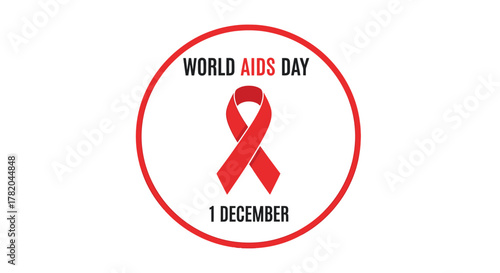 World AIDS Day Red Ribbon Symbol on 1 December with Circular Outline for Global HIV/AIDS Awareness and Support