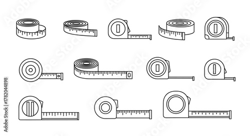 Collection of simple linear outline illustrations of tape measures, showcasing various designs and orientations. This editable stroke vector cartoon illustration is perfect for websites, books