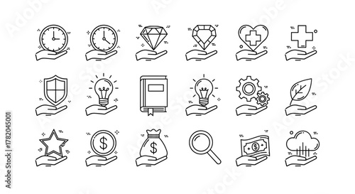 Collection of outline icons representing abstract concepts like time, gems, health, security, ideas, knowledge, industry, nature, finance, and weather, all held within an open hand, symbolizing care