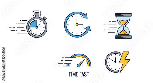 Collection of five distinct flat design icons representing speed and time, including a stopwatch, a circular clock with arrows, an hourglass, a speedometer, and a clock with a lightning bolt, all on