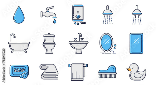 Vibrant and Modern Bathroom Icon Set: Featuring a water drop, faucet, water heater, shower heads, bathtub, toilet, sink, oval and rectangular mirrors, soap, folded towel, brush, and a rubber ducky
