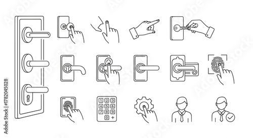 Collection of minimalistic linear pictograms illustrating various methods of door access and security, including traditional key locks, modern fingerprint scanners, keypads, and card entry systems