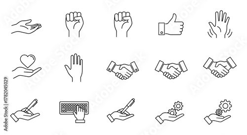 Collection of diverse line art hand icons on a clean white background, featuring gestures like open palms, fists, thumbs up, waving hands, heart symbol, and handshakes, symbolizing communication