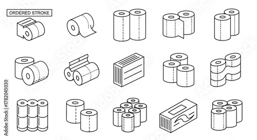 Collection of isometric line art icons representing various toilet paper rolls and packs, including single rolls, double rolls, multi-packs, and boxed tissues, presented on a clean white background