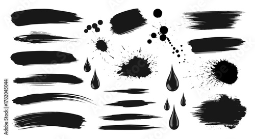 Collection of black brush strokes, ink splatters, and paint droplets isolated on a white background, digitally generated vector design elements, perfect for graphic resources and creative projects.