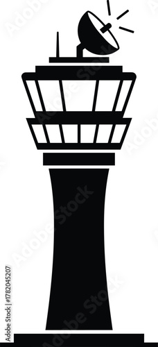 Black vector illustration of airport control tower with radar satellite dish, aviation communication structure for air traffic management, safety, and transportation industry design