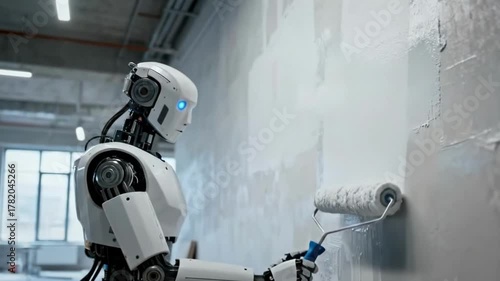 Humanoid Robot Painting Wall Construction Renovation Work