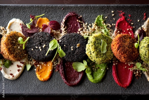 Gourmet plant-based dish showcasing an exquisite arrangement of vibrant falafel served on a stylish platter with colorful dips and garnished microgreens displaying culinary artistry