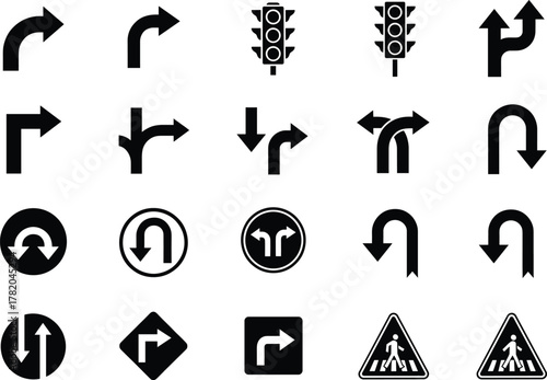 Black vector illustration set of road traffic signs, direction arrows, pedestrian crossing, and traffic light icons for transportation and driving safety design