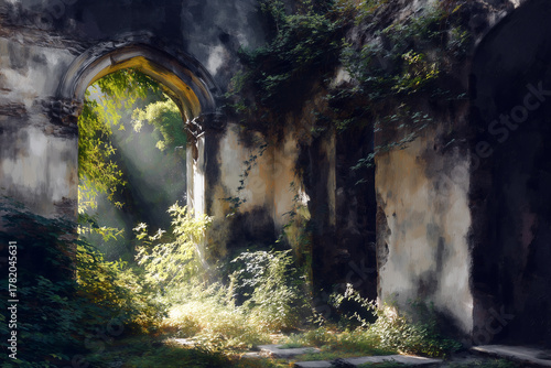 Sunbeams illuminate an abandoned stone structure with an archway, now overgrown with green plants. The weathered walls show signs of age and the sunlight enhances the natural beauty.