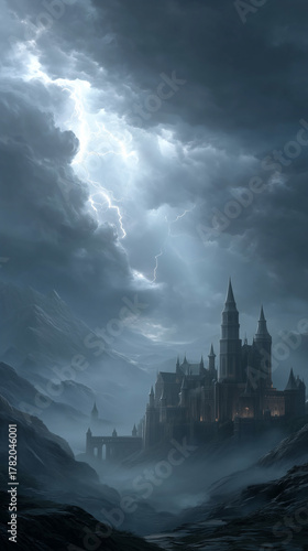 A dark Castle sits atop a hill in a mountainous region. An intense lightning storm lights up the cloudy sky overhead at dusk, creating a dramatic and stormy scene.