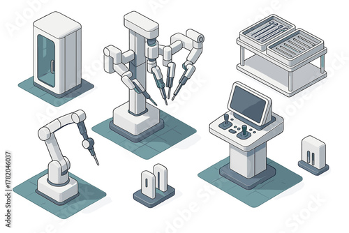 Robotic surgery equipment featuring surgical arms, control console, and instrument trays in isometric view