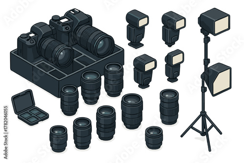 Professional digital cameras, interchangeable lenses, speedlights, and studio lighting gear arranged in an isometric view