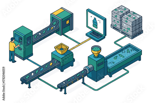 Automated industrial recycling line showing plastic bottle waste management and material recovery steps