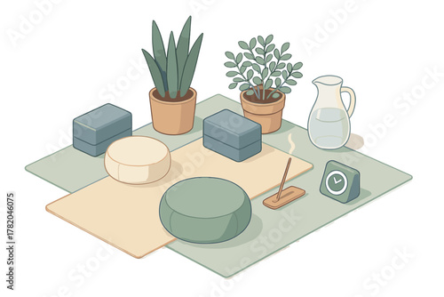 Isometric arrangement of mindfulness objects including yoga blocks cushions plants and timer