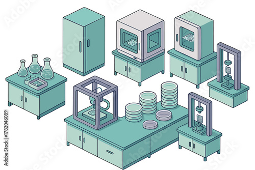 Isometric view of advanced scientific laboratory equipment and research tools