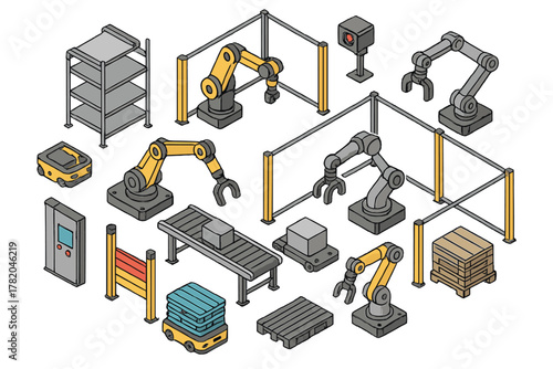 Isometric collection of industrial automation equipment robotic arms conveyor belts and autonomous guided vehicles