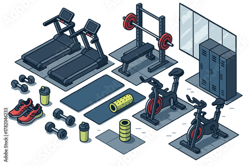 Isometric arrangement of modern gym equipment including cardio machines and free weights