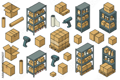 Isometric set of warehouse and logistics elements: storage racks, cardboard boxes, shipping pallets, and barcode scanners