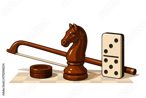 Chess knight domino tile and violin bow representing strategy and complexity