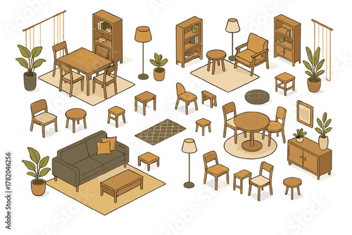 Large collection of isometric interior furniture and home decor elements for living room and dining room setups
