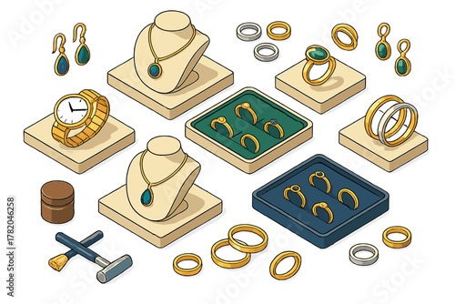Isometric luxury jewelry collection featuring rings, necklaces, watch, and jeweler tools
