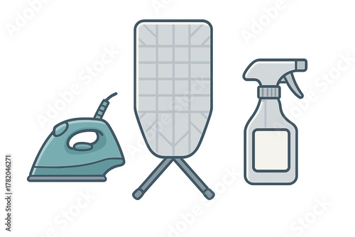 Modern electric steam iron, folding ironing board, and spray bottle set