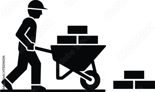 Construction worker pushing wheelbarrow full of bricks at building site, hard hat safety, industrial labor concept, construction silhouette vector illustration