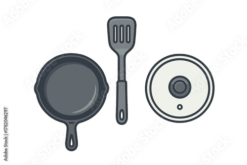 Basic kitchen cooking equipment set with frying pan, slotted turner, and glass cover