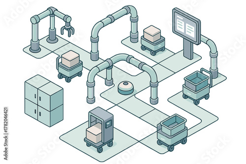 Isometric view of automated smart factory logistics system with robotic arm and autonomous guided vehicles transporting packages