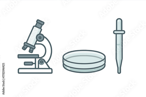 Essential scientific research tools including a laboratory microscope, petri dish and dropper pipette