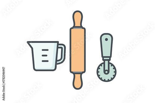 Essential kitchen utensils for baking and cooking including a measuring cup rolling pin and pastry cutter