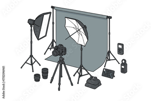 Professional photography studio equipment setup with camera tripod lighting and backdrop