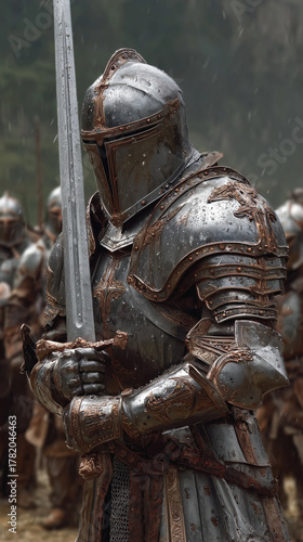 A knight wearing full armor holds a sword, standing in the rain with other armored figures in the background. They appear ready for combat, standing outdoors.