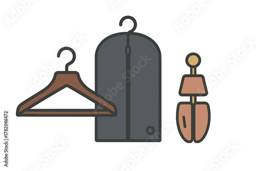 Wooden hanger, protective suit bag, and shoe tree for clothing and footwear maintenance