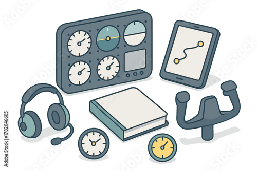 Isometric set of essential aviation instruments, controls, and learning tools for pilots