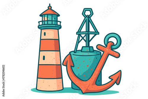 Traditional striped lighthouse standing next to a large orange anchor and teal navigation buoy