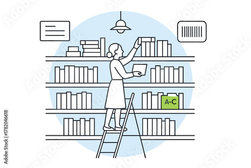 Librarian standing on a ladder organizing books on a tall shelf in a public library