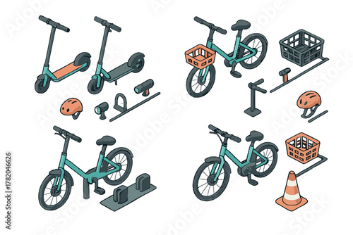 Isometric set of urban mobility assets including bicycles, electric scooters, helmets, and parking racks