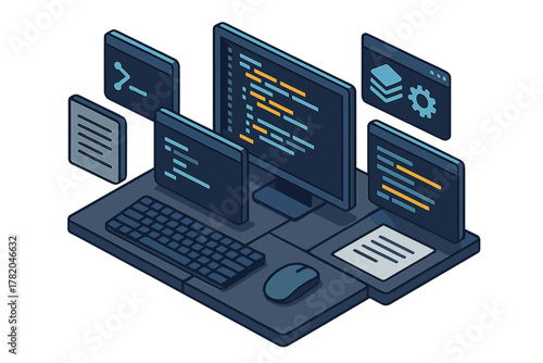 Isometric coding workstation setup with computer, monitor, keyboard, mouse, and floating screens displaying code