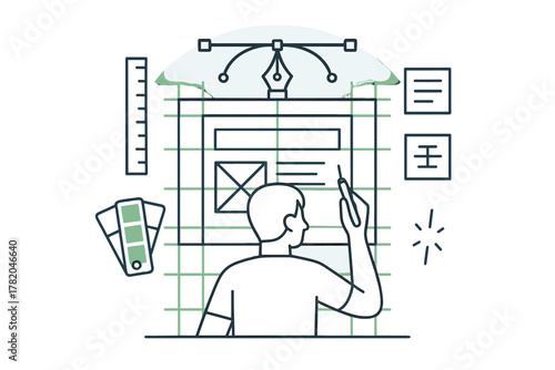Designer working on a website layout using a stylus and digital tools with a grid and pen curve above