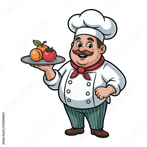 Cartoon chef with mustache holding a silver platter of fruits and tomato cook cooking