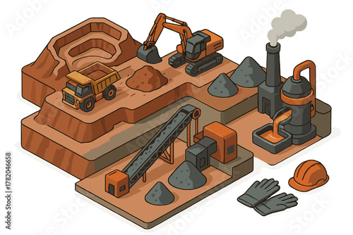 Isometric view of a mining and processing operation with heavy machinery, conveyor belt, and smelting furnace