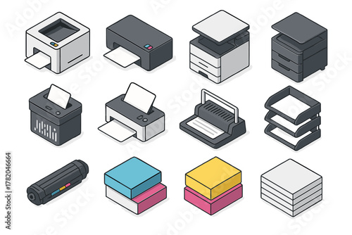 Isometric printing equipment and supplies including printer, copier, shredder, and toner