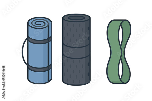 Essential fitness and camping equipment collection including rolled mats and resistance loop band